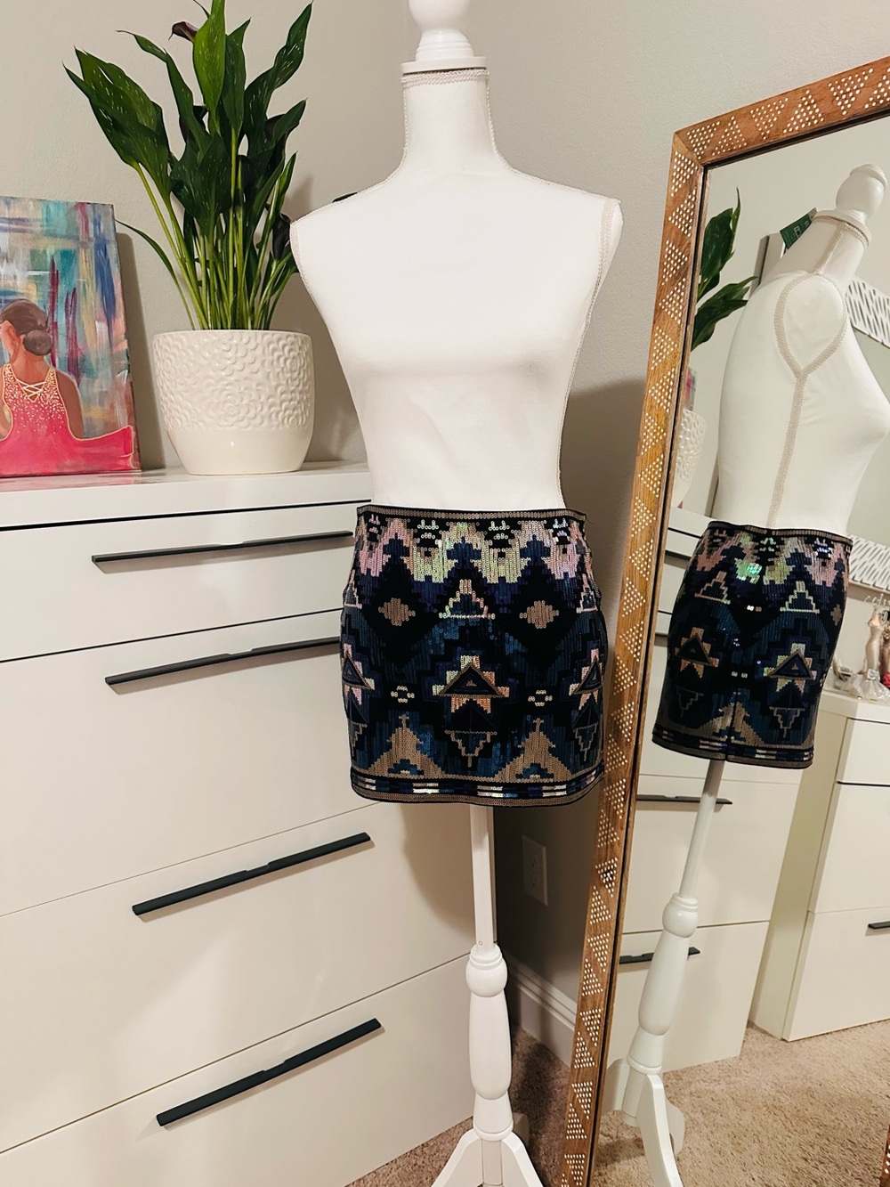 Express Black Sequin Geometric Mini Skirt